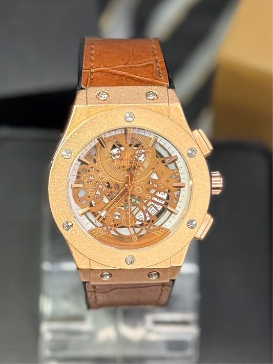 Hublot Skeleton Dial Watch – Brown Leather Strap